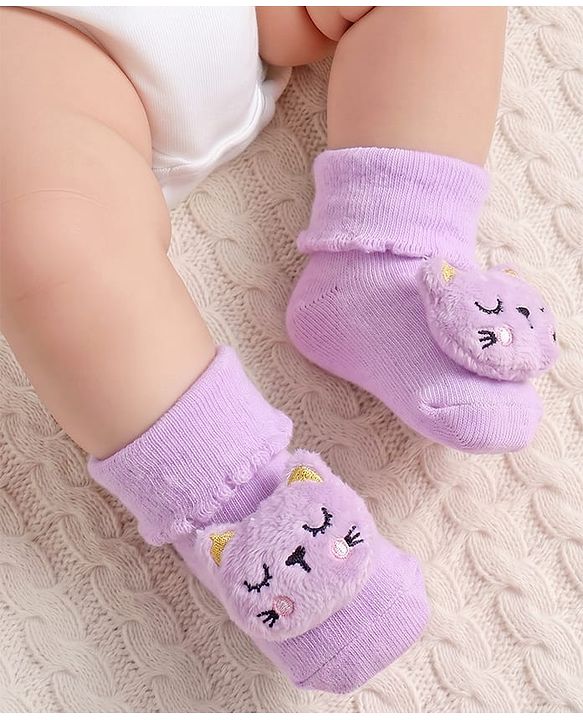 Cute Walk by Babyhug Fabric Ankle Length Socks Shoes with  Kitten Applique- Lilac