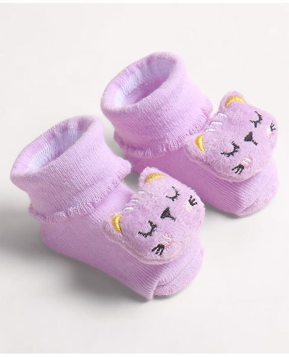 Cute Walk by Babyhug Fabric Ankle Length Socks Shoes with  Kitten Applique- Lilac