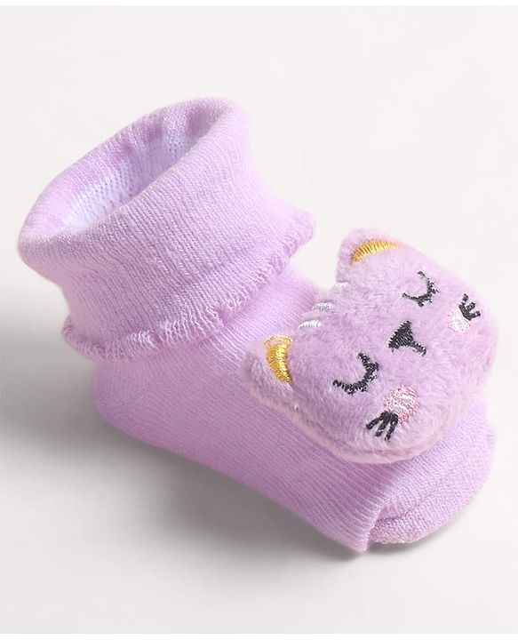 Cute Walk by Babyhug Fabric Ankle Length Socks Shoes with  Kitten Applique- Lilac