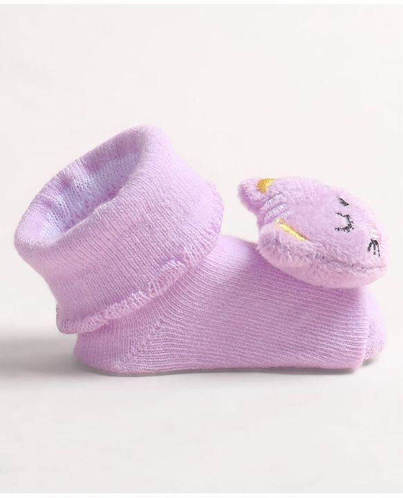 Cute Walk by Babyhug Fabric Ankle Length Socks Shoes with  Kitten Applique- Lilac
