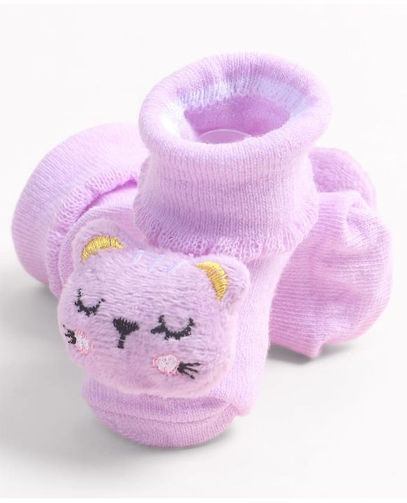 Cute Walk by Babyhug Fabric Ankle Length Socks Shoes with  Kitten Applique- Lilac