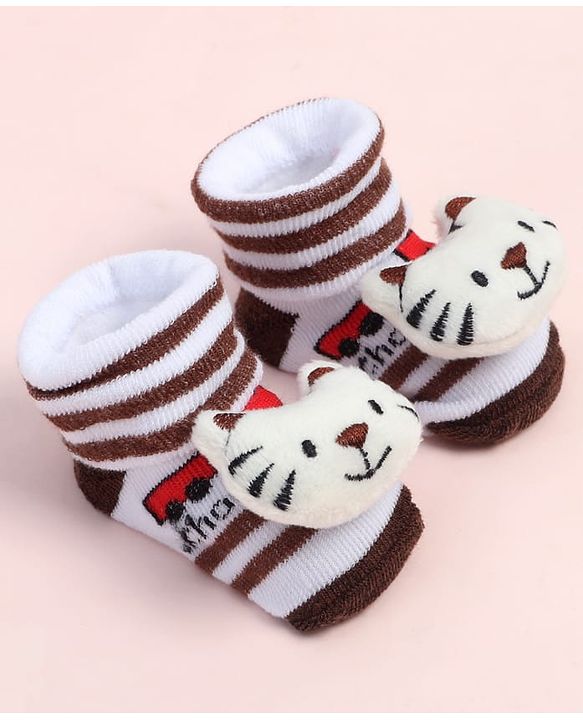 Cute Walk by Babyhug Fabric Ankle Length Socks Shoes with Striped Train Design & Kitten Applique- Brown & White