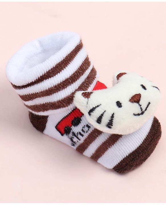 Cute Walk by Babyhug Fabric Ankle Length Socks Shoes with Striped Train Design & Kitten Applique- Brown & White