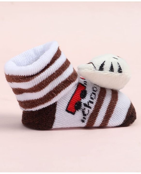 Cute Walk by Babyhug Fabric Ankle Length Socks Shoes with Striped Train Design & Kitten Applique- Brown & White