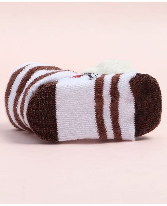 Cute Walk by Babyhug Fabric Ankle Length Socks Shoes with Striped Train Design & Kitten Applique- Brown & White