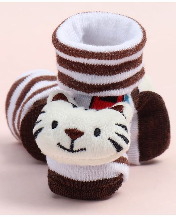 Cute Walk by Babyhug Fabric Ankle Length Socks Shoes with Striped Train Design & Kitten Applique- Brown & White