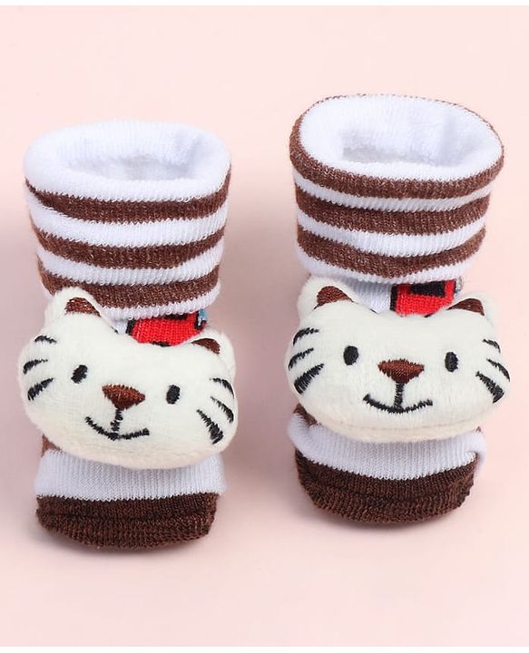 Cute Walk by Babyhug Fabric Ankle Length Socks Shoes with Striped Train Design & Kitten Applique- Brown & White