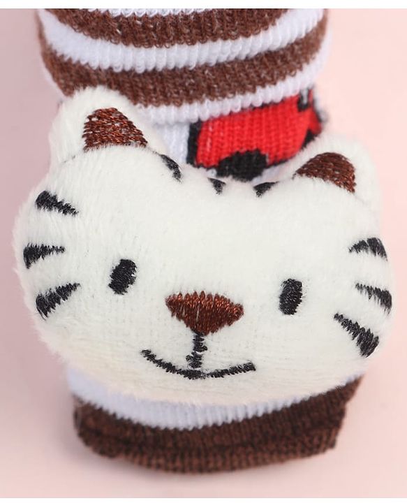 Cute Walk by Babyhug Fabric Ankle Length Socks Shoes with Striped Train Design & Kitten Applique- Brown & White