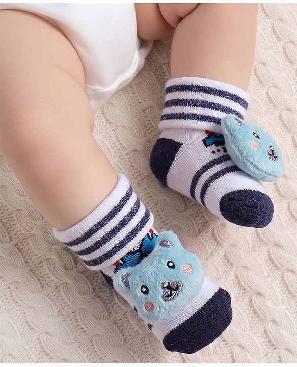 Cute Walk by Babyhug Fabric Ankle Length Socks Shoes with Striped Design & Bear Applique- Blue & White