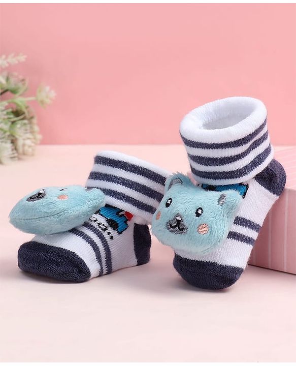 Cute Walk by Babyhug Fabric Ankle Length Socks Shoes with Striped Design & Bear Applique- Blue & White