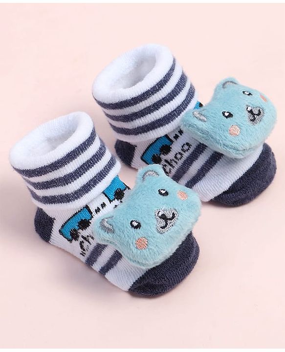Cute Walk by Babyhug Fabric Ankle Length Socks Shoes with Striped Design & Bear Applique- Blue & White