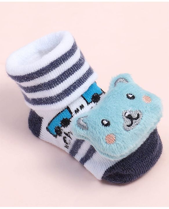 Cute Walk by Babyhug Fabric Ankle Length Socks Shoes with Striped Design & Bear Applique- Blue & White