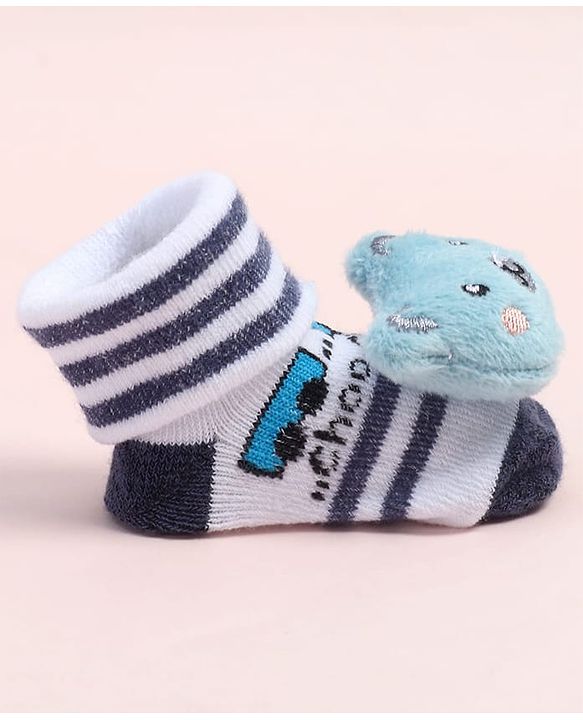 Cute Walk by Babyhug Fabric Ankle Length Socks Shoes with Striped Design & Bear Applique- Blue & White