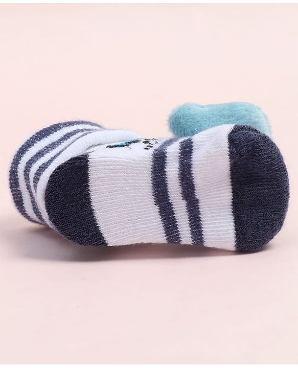Cute Walk by Babyhug Fabric Ankle Length Socks Shoes with Striped Design & Bear Applique- Blue & White