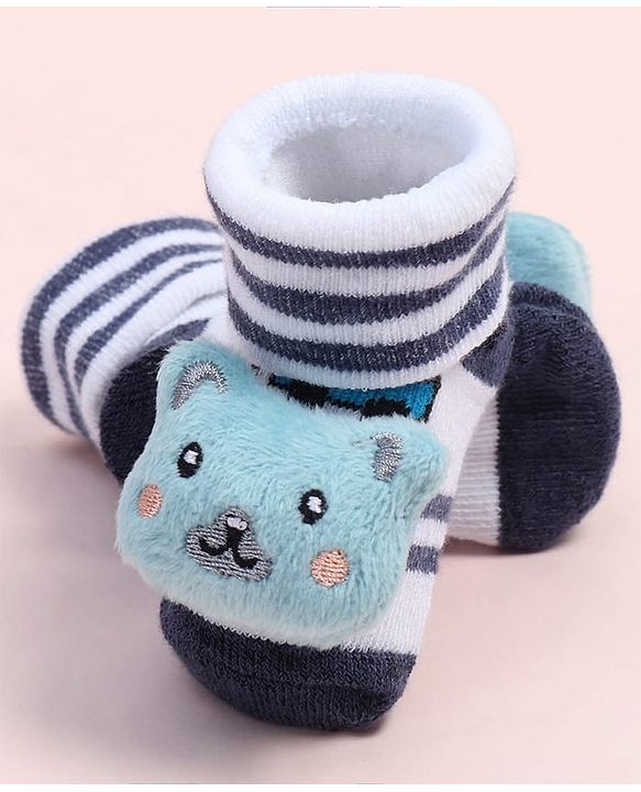 Cute Walk by Babyhug Fabric Ankle Length Socks Shoes with Striped Design & Bear Applique- Blue & White