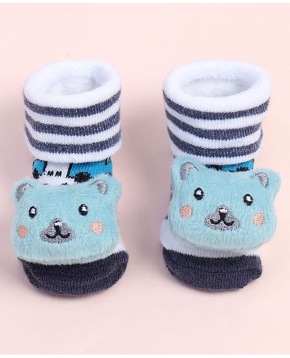 Cute Walk by Babyhug Fabric Ankle Length Socks Shoes with Striped Design & Bear Applique- Blue & White