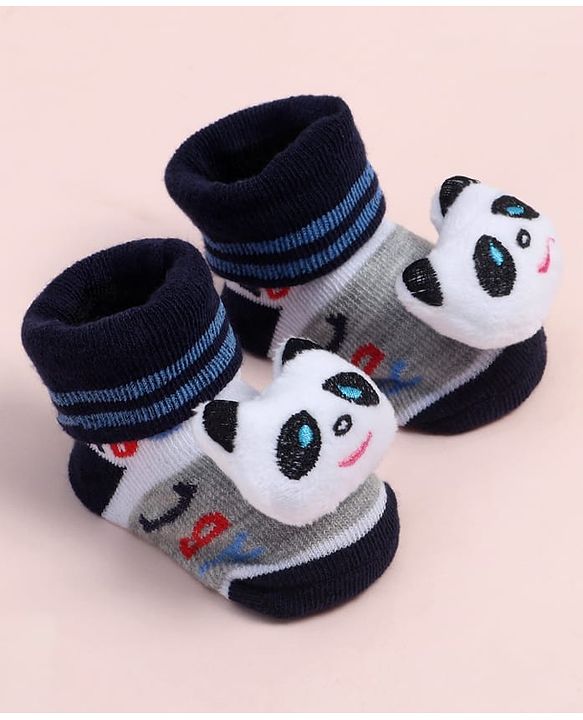 Cute Walk by Babyhug Fabric Ankle Length Socks Shoes with Alphabet Design & Panda Applique- Grey & Black