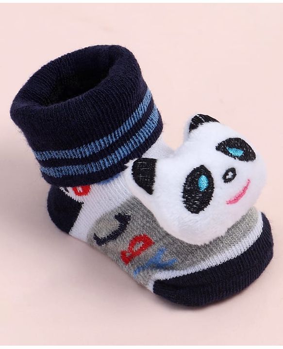 Cute Walk by Babyhug Fabric Ankle Length Socks Shoes with Alphabet Design & Panda Applique- Grey & Black