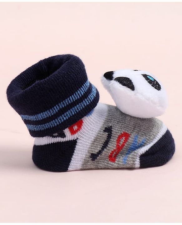 Cute Walk by Babyhug Fabric Ankle Length Socks Shoes with Alphabet Design & Panda Applique- Grey & Black