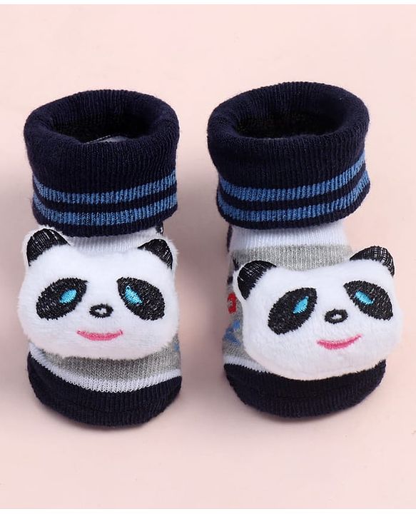 Cute Walk by Babyhug Fabric Ankle Length Socks Shoes with Alphabet Design & Panda Applique- Grey & Black