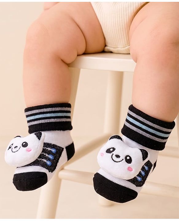 Cute Walk by Babyhug Fabric Ankle Length Socks Shoes with Striped Design & Panda Applique- White & Black