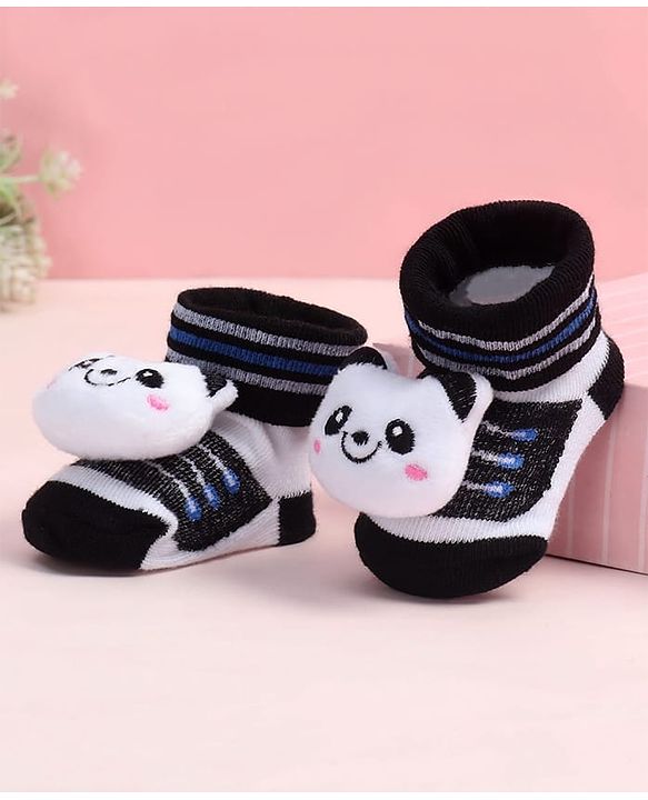 Cute Walk by Babyhug Fabric Ankle Length Socks Shoes with Striped Design & Panda Applique- White & Black