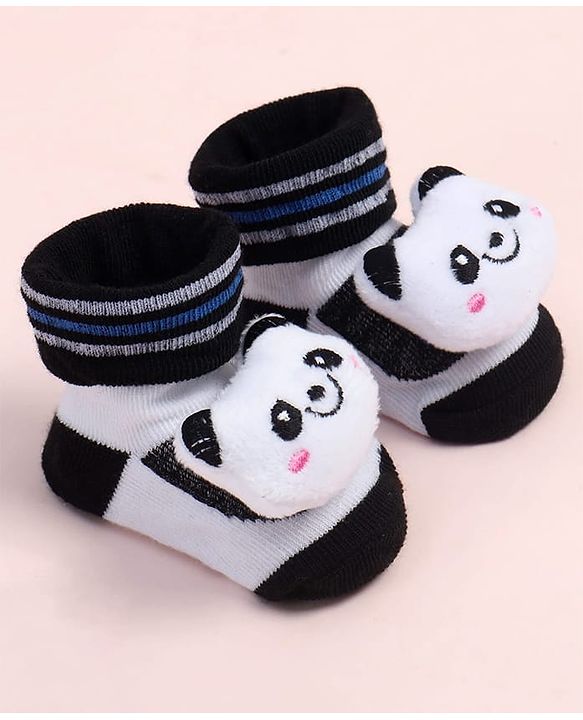 Cute Walk by Babyhug Fabric Ankle Length Socks Shoes with Striped Design & Panda Applique- White & Black
