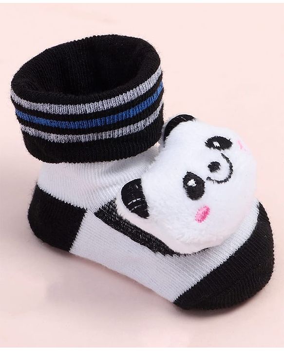 Cute Walk by Babyhug Fabric Ankle Length Socks Shoes with Striped Design & Panda Applique- White & Black