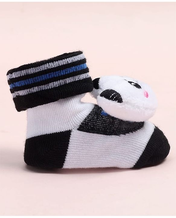 Cute Walk by Babyhug Fabric Ankle Length Socks Shoes with Striped Design & Panda Applique- White & Black