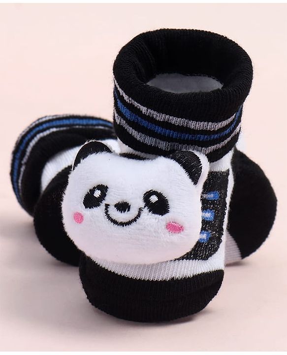 Cute Walk by Babyhug Fabric Ankle Length Socks Shoes with Striped Design & Panda Applique- White & Black