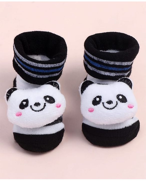 Cute Walk by Babyhug Fabric Ankle Length Socks Shoes with Striped Design & Panda Applique- White & Black