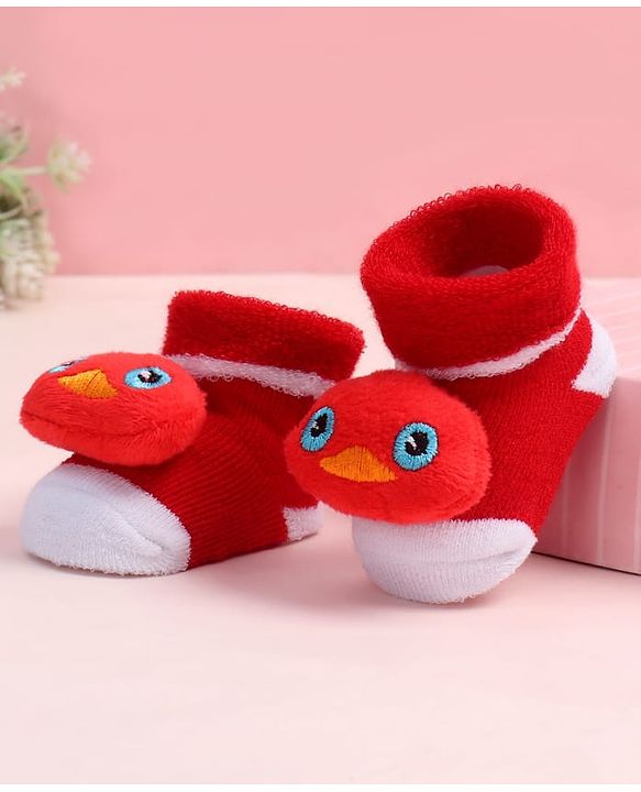 Cute Walk by Babyhug Fabric Ankle Length Socks Shoes with  Duck Applique- Red & White