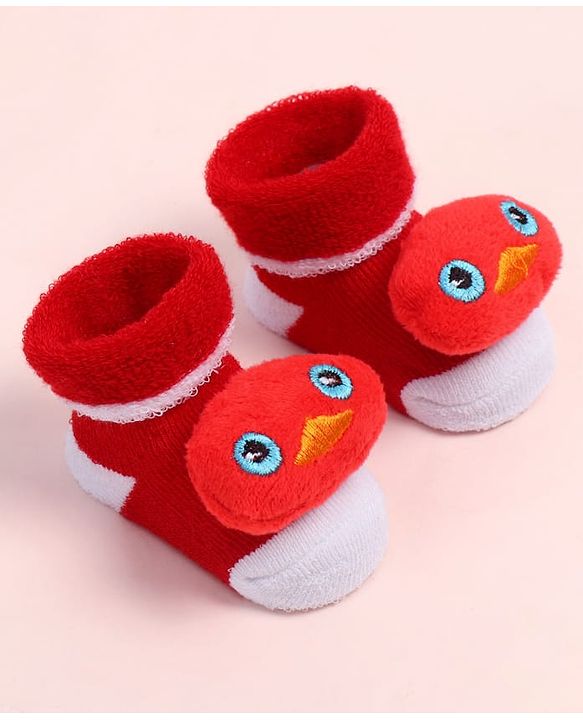 Cute Walk by Babyhug Fabric Ankle Length Socks Shoes with  Duck Applique- Red & White