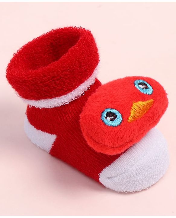 Cute Walk by Babyhug Fabric Ankle Length Socks Shoes with  Duck Applique- Red & White