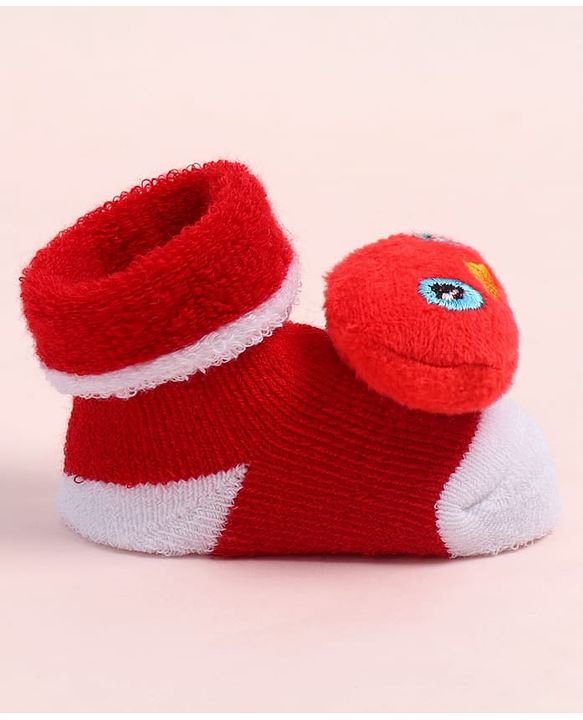Cute Walk by Babyhug Fabric Ankle Length Socks Shoes with  Duck Applique- Red & White