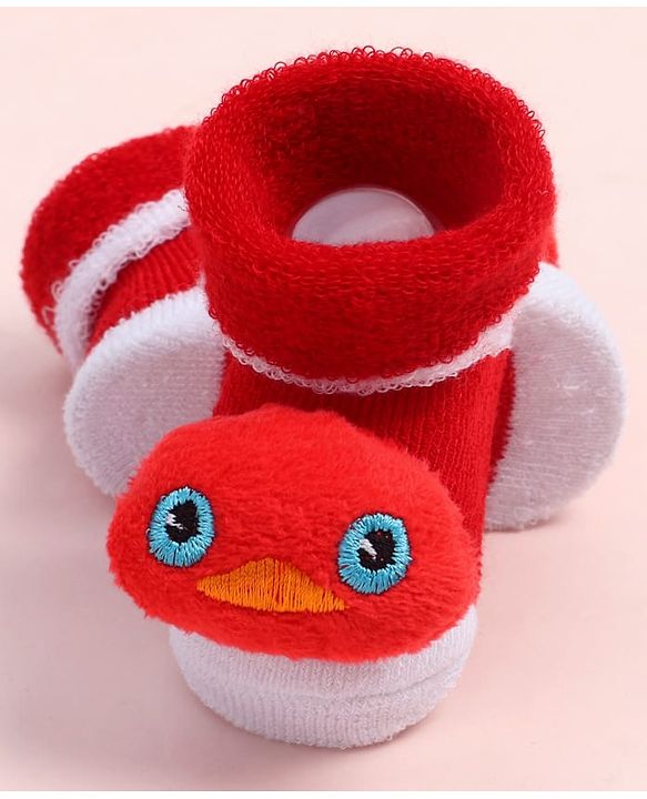 Cute Walk by Babyhug Fabric Ankle Length Socks Shoes with  Duck Applique- Red & White
