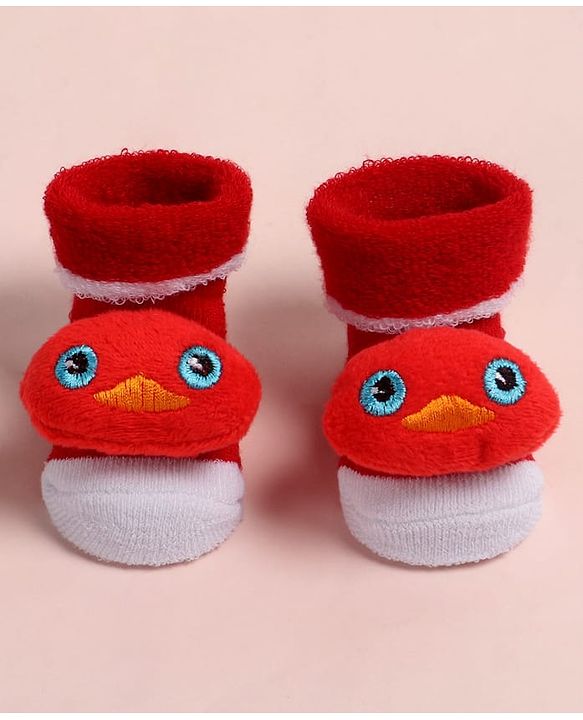 Cute Walk by Babyhug Fabric Ankle Length Socks Shoes with  Duck Applique- Red & White