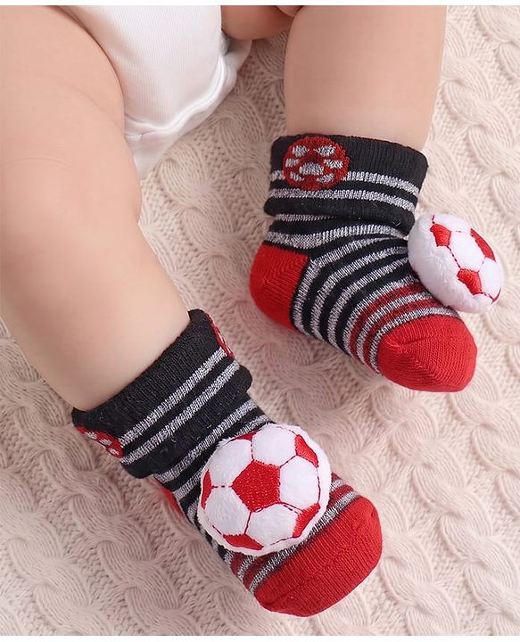 Cute Walk by Babyhug Fabric Ankle Length Socks Shoes with Striped Design & Ball Applique- Red & Black