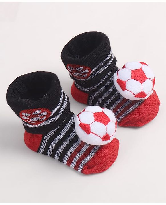 Cute Walk by Babyhug Fabric Ankle Length Socks Shoes with Striped Design & Ball Applique- Red & Black