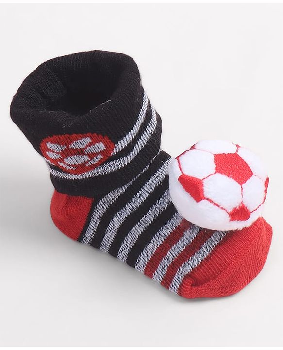 Cute Walk by Babyhug Fabric Ankle Length Socks Shoes with Striped Design & Ball Applique- Red & Black