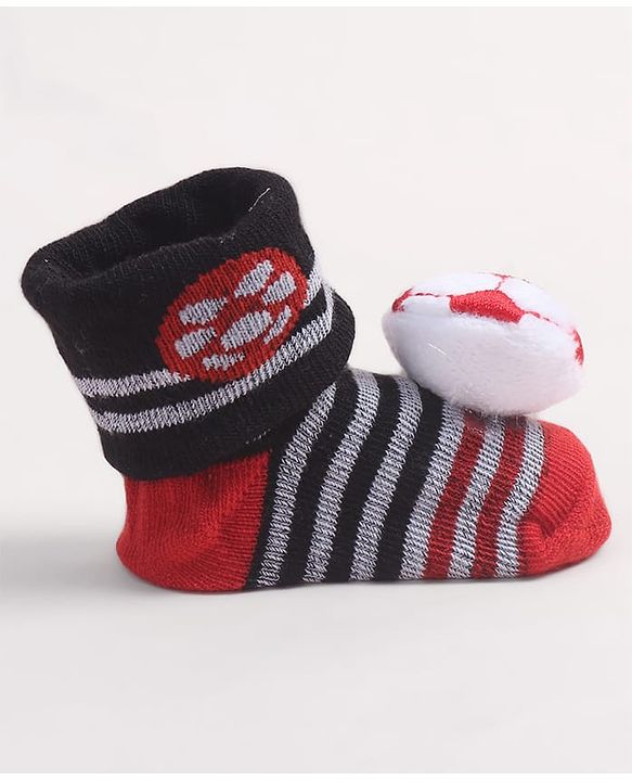 Cute Walk by Babyhug Fabric Ankle Length Socks Shoes with Striped Design & Ball Applique- Red & Black