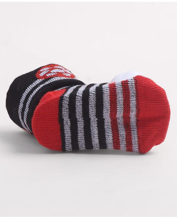 Cute Walk by Babyhug Fabric Ankle Length Socks Shoes with Striped Design & Ball Applique- Red & Black