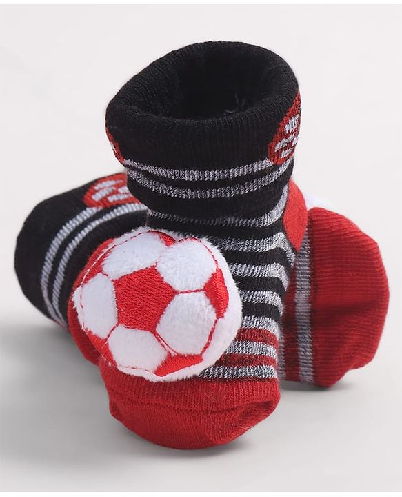 Cute Walk by Babyhug Fabric Ankle Length Socks Shoes with Striped Design & Ball Applique- Red & Black