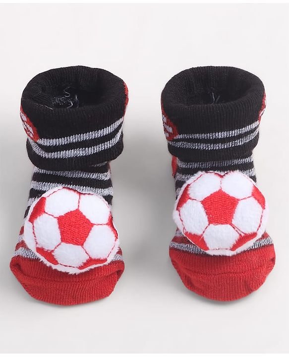 Cute Walk by Babyhug Fabric Ankle Length Socks Shoes with Striped Design & Ball Applique- Red & Black