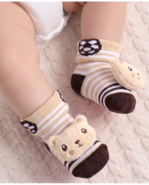 Cute Walk by Babyhug Fabric Ankle Length Socks Shoes with Striped Design & Bear Applique- Beige & Black
