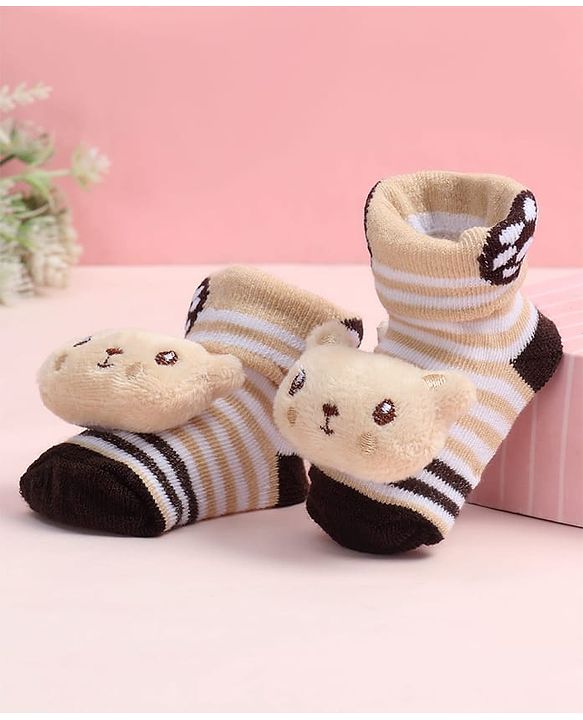 Cute Walk by Babyhug Fabric Ankle Length Socks Shoes with Striped Design & Bear Applique- Beige & Black