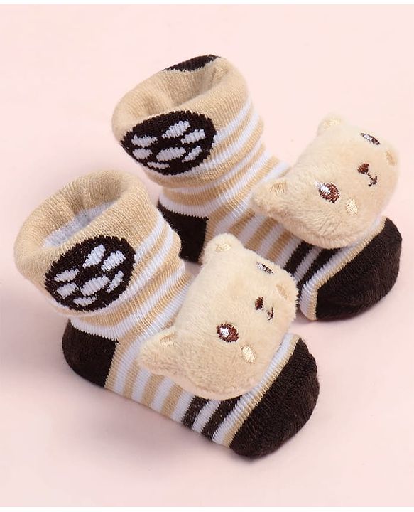 Cute Walk by Babyhug Fabric Ankle Length Socks Shoes with Striped Design & Bear Applique- Beige & Black