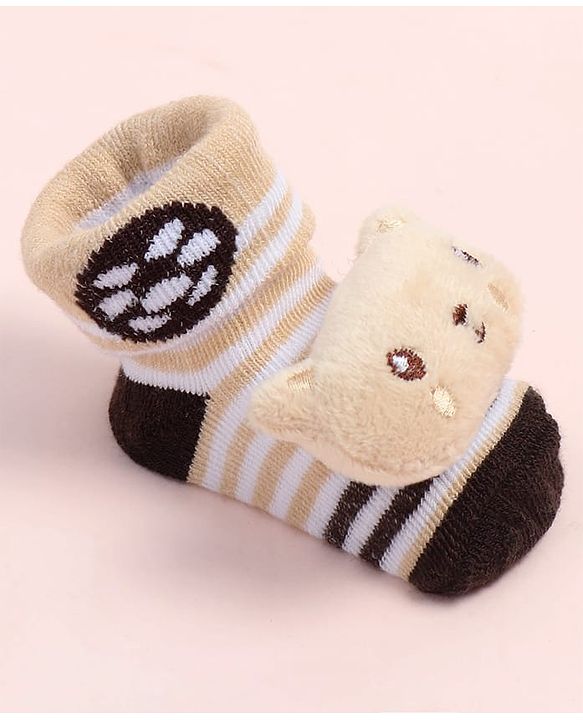 Cute Walk by Babyhug Fabric Ankle Length Socks Shoes with Striped Design & Bear Applique- Beige & Black