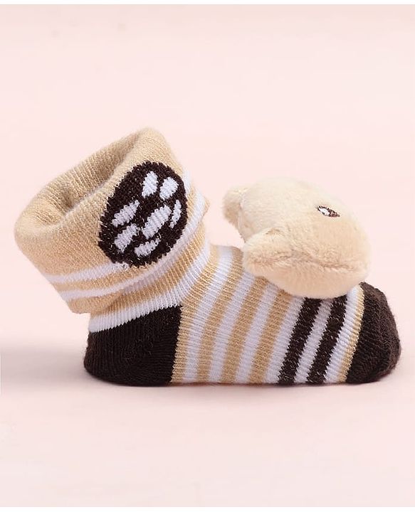 Cute Walk by Babyhug Fabric Ankle Length Socks Shoes with Striped Design & Bear Applique- Beige & Black