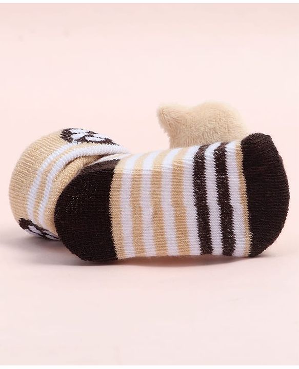 Cute Walk by Babyhug Fabric Ankle Length Socks Shoes with Striped Design & Bear Applique- Beige & Black